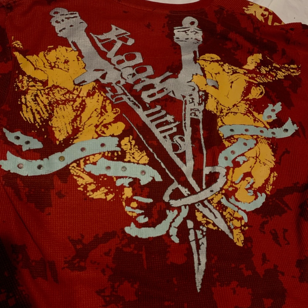 swords grunge long sleeve shirt front and back red silver yellow - Picture 3 of 4